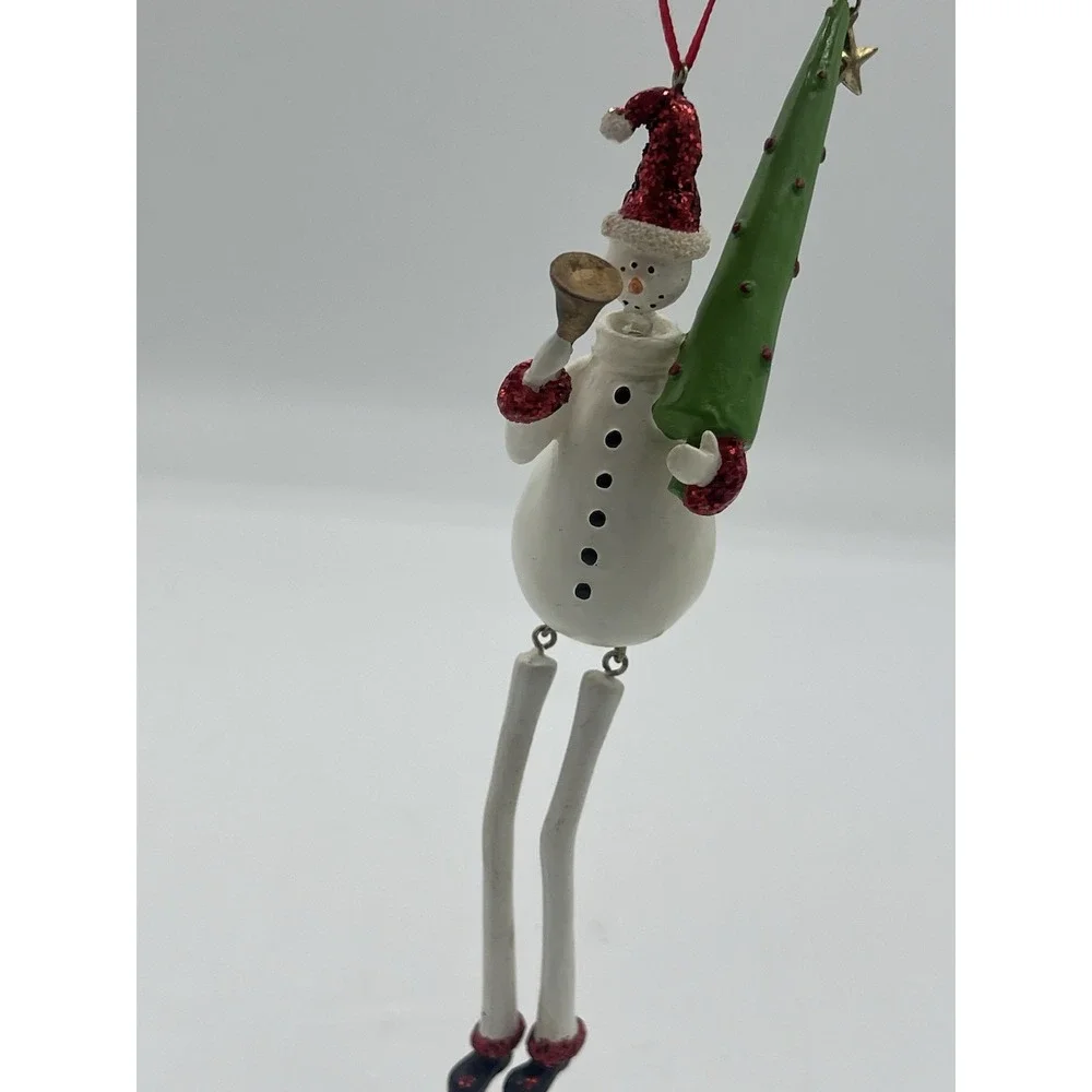 Dancing Snowman Ornament Holding Christmas Tree & Bell Red Glitter 8